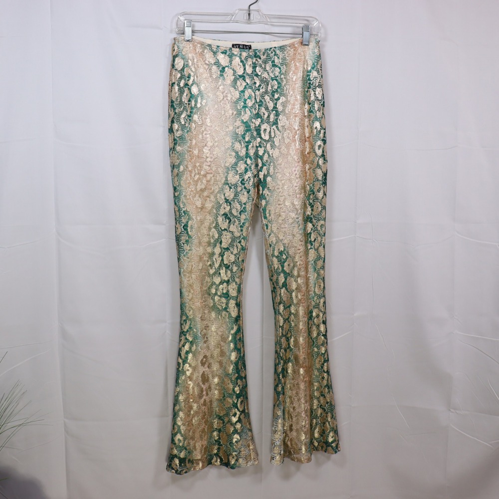 Venus Lace Flare Pants 6 Green Gold Womens Floral Metallic Party